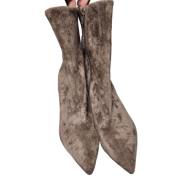 Jeffrey Campbell Lustful Suede Bootie Lucite Heel Size 9.5 Taupe Side Zip - Picture 2 of 7